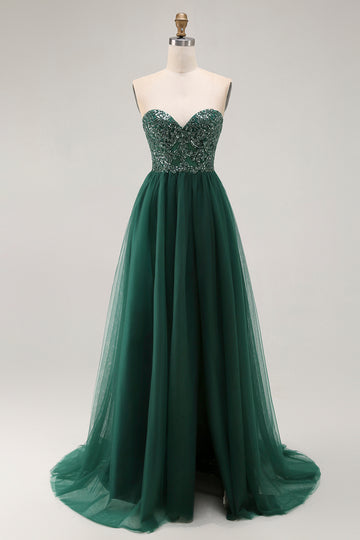 Dark Green Sequin Strapless A Line Long Prom Dress